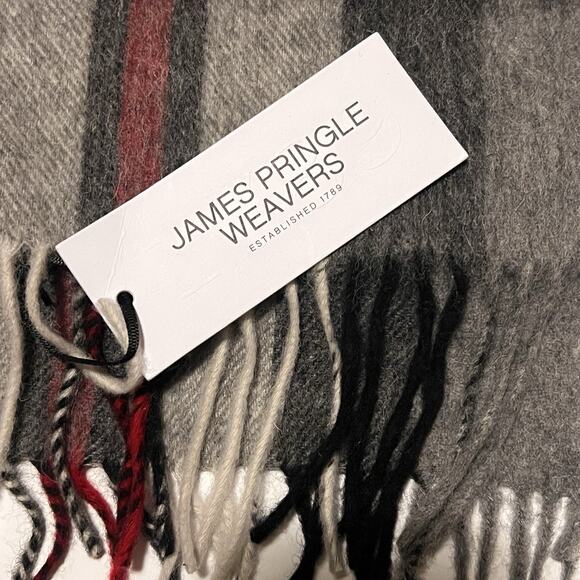 JAMES PRINGLE WEAVERS Long Scarf 100% Wool NEW Black & Red Plaid Tartan Scotland - Picture 2 of 5